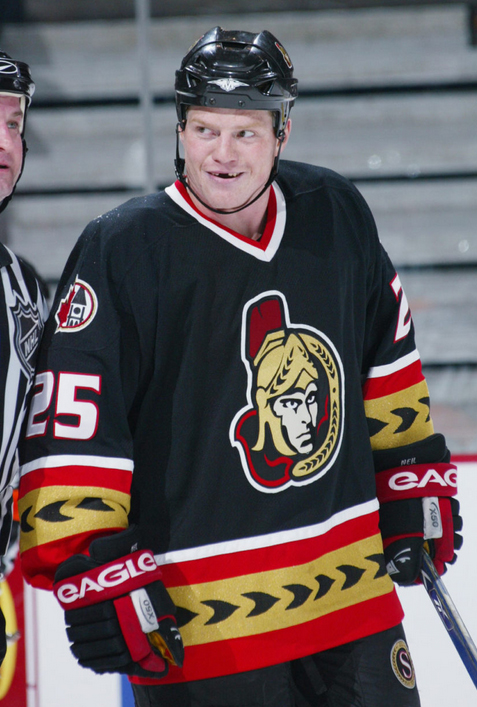 Ottawa Senators Chris Neil wears a helmet backwards as he jokes around  during their team practice at the Corel center in Ottawa Friday May 9,  2003. Ottawa takes on the New Jersey